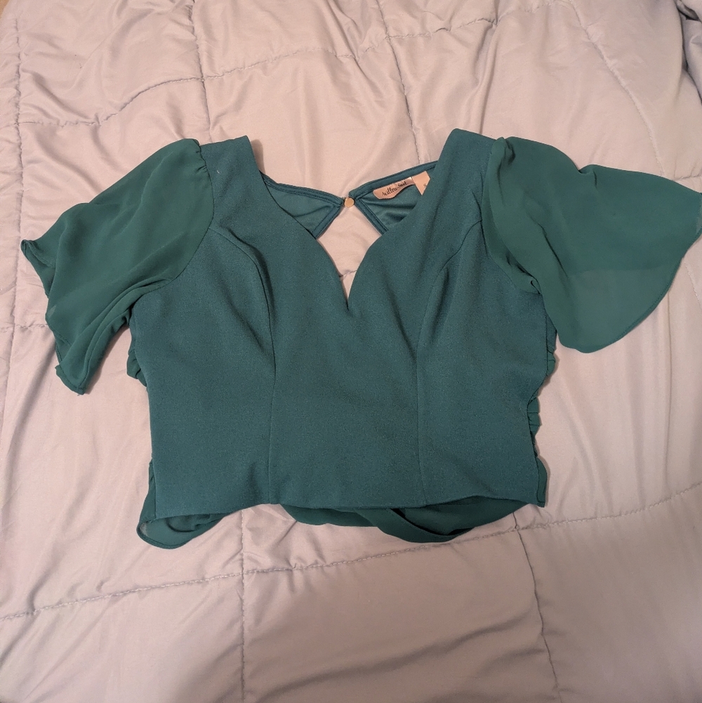 Elegant Teal Blouse with Sheer Sleeves